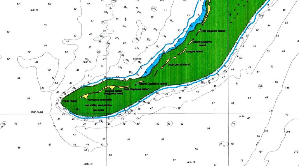 <b>Close up view of where Team Vestas Wind struck the reef. The 40 metre depth line is very close to the reef. On video there was just 30 seconds between the call of the 40 metre line and impact.</b> © SW